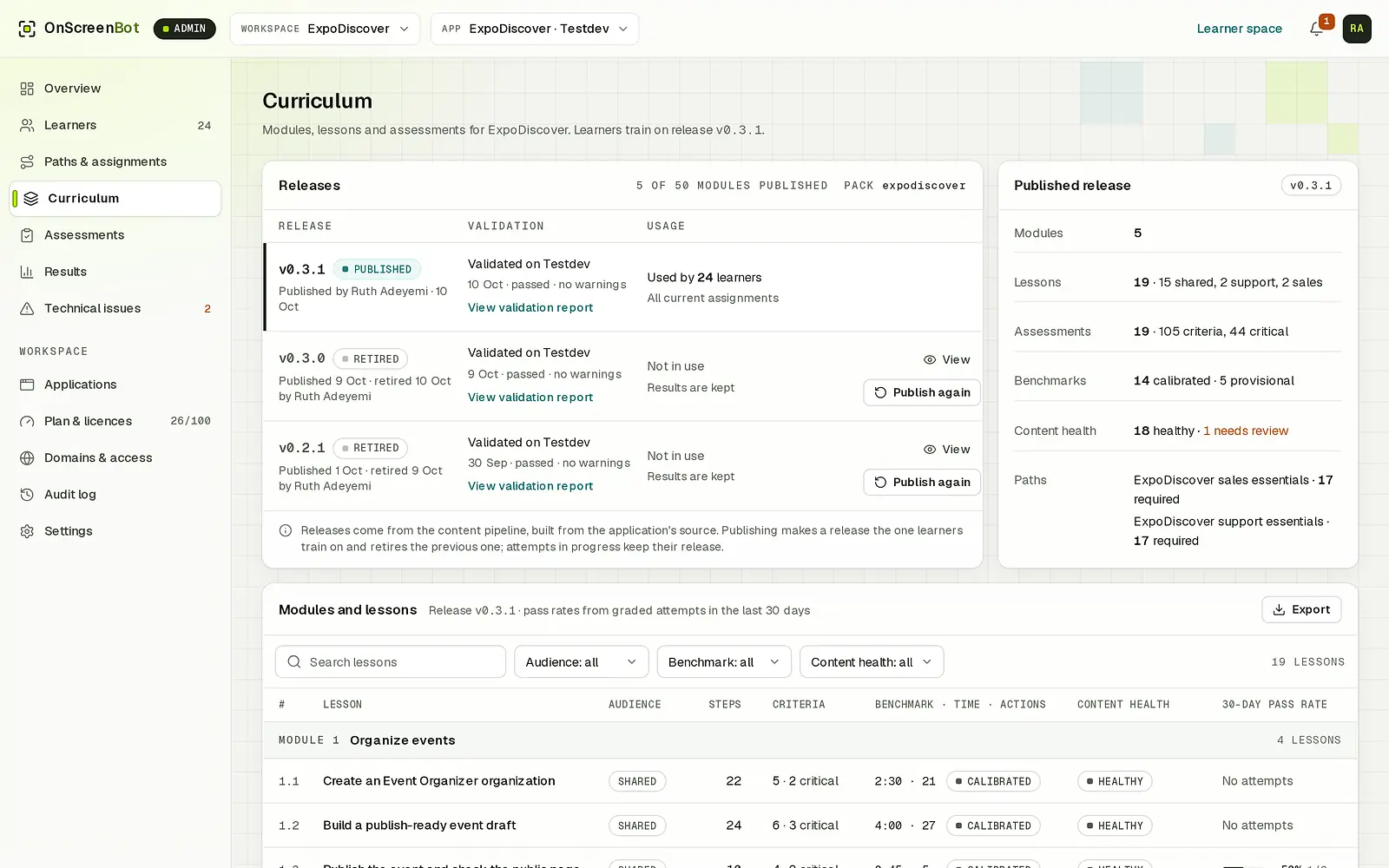 The Curriculum page: the published course release, earlier releases retired with their results kept, and the modules and lessons with their benchmarks and content health.