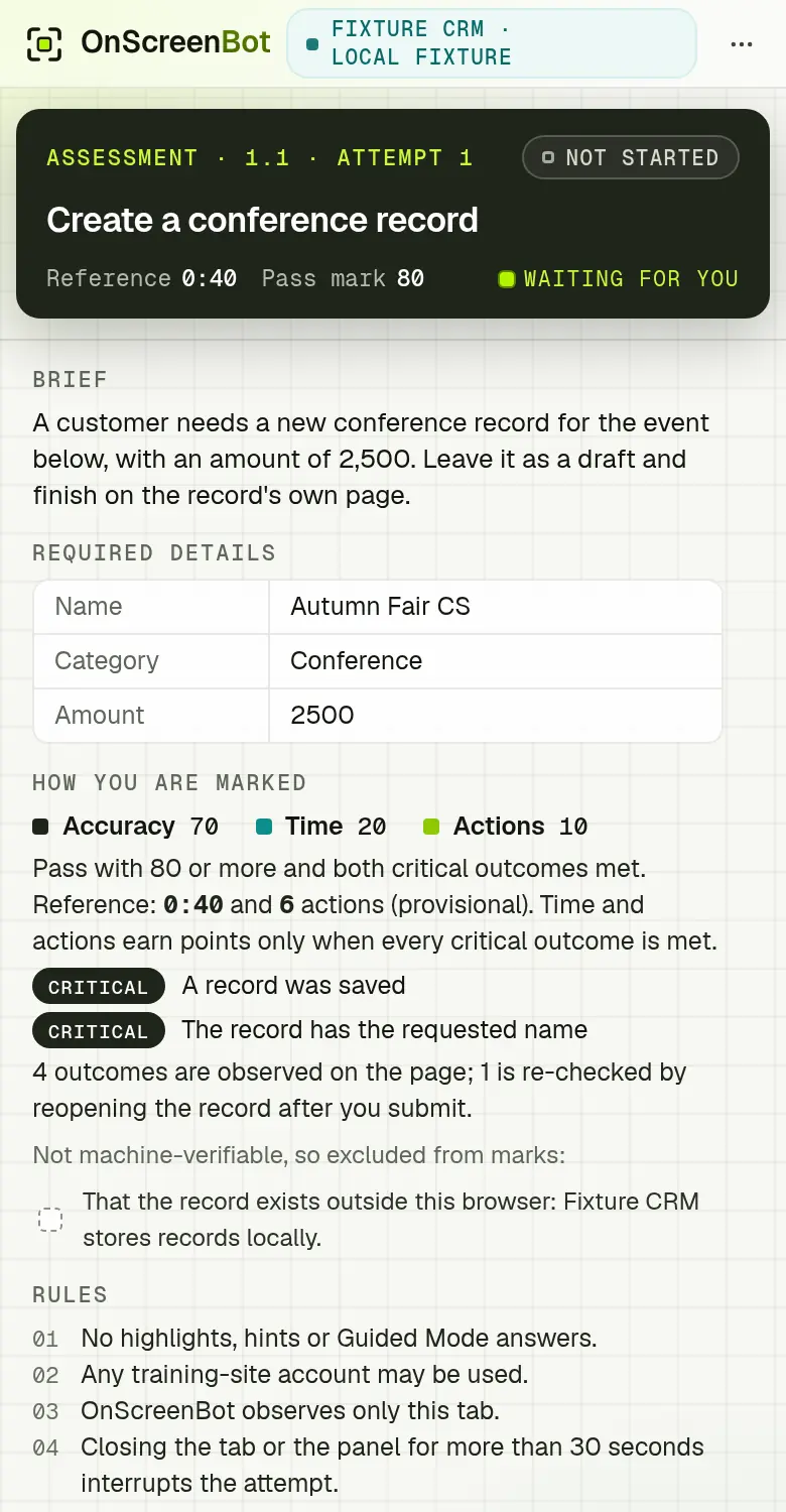 The assessment brief in the side panel: the outcome to achieve, the required details, how the attempt is marked, the critical outcomes and the rules, with no highlights, hints or Guided Mode.