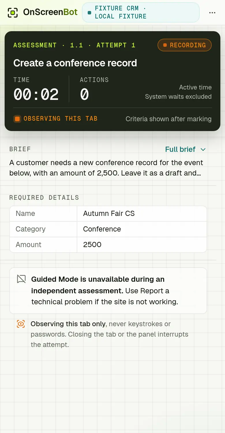 An assessment in progress in the side panel: the time and action count, Observing this tab, and a notice that Guided Mode is unavailable during an independent assessment.